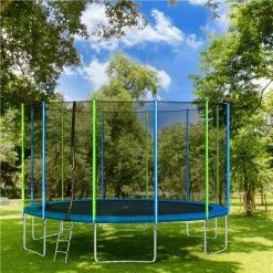 16FT Trampoline for Kids with Safety Enclosure Net, Ladder and 12 Wind Stakes, Round Outdoor Recreational Trampoline - Blue