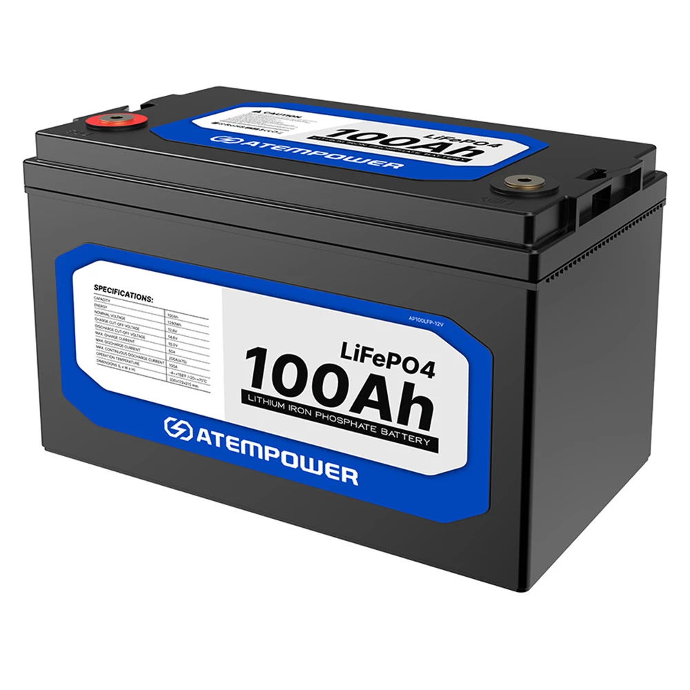 ATEM POWER 12V 100Ah Lifepo4 Battery, 100A Continuous Discharge, Deep Cycle, Built-in BMS, Run in Parallel or Series