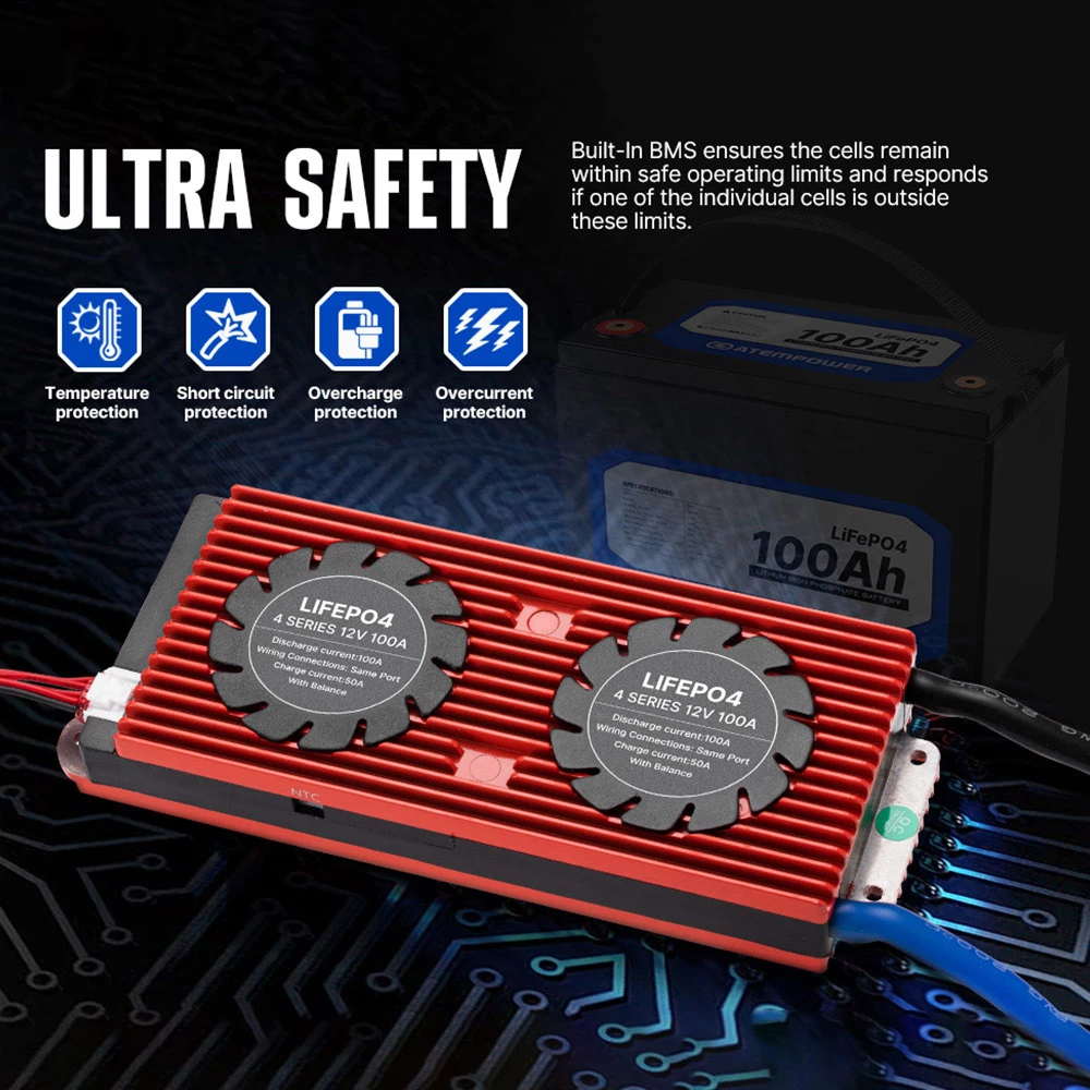 ATEM POWER 12V 100Ah Lifepo4 Battery, 100A Continuous Discharge, Deep Cycle, Built-in BMS, Run in Parallel or Series - Image 5