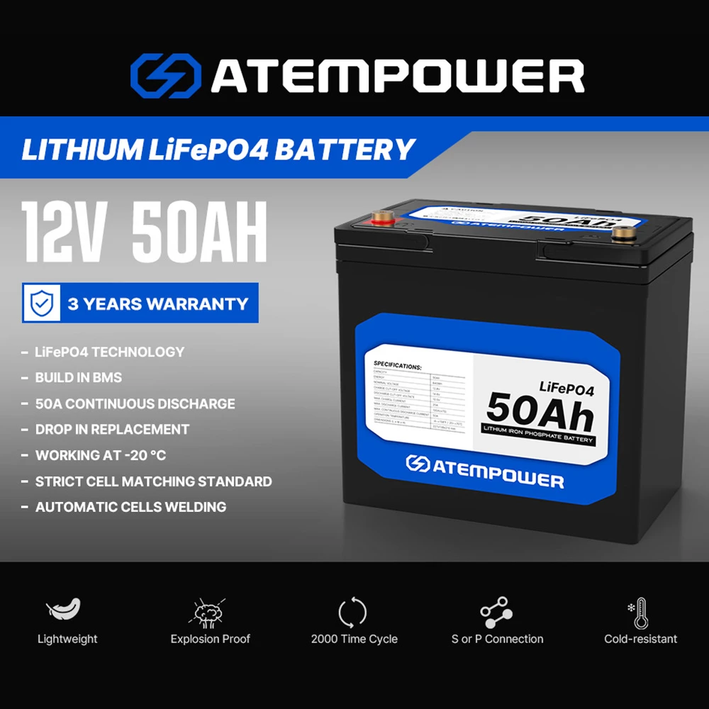 ATEM POWER 12V 50Ah Lifepo4 Battery, 50A Continuous Discharge, Deep Cycle, Built-in BMS, Run in Parallel or Series - Image 2