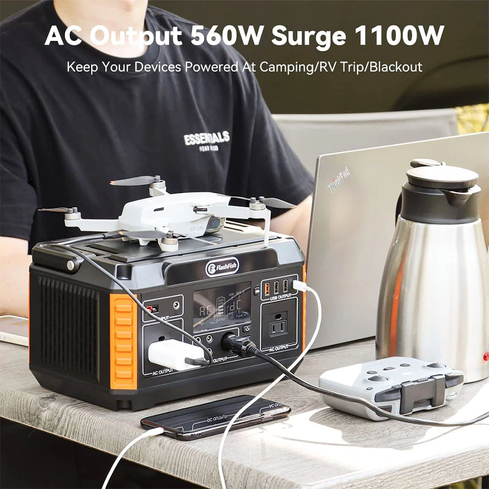 Flashfish P60 560W Portable Power Station, 520Wh/140400mAh Lithium Battery Pack Solar Generator Emergency Power Supply, AC/DC/USB Ports, 11 Outlets - Image 4