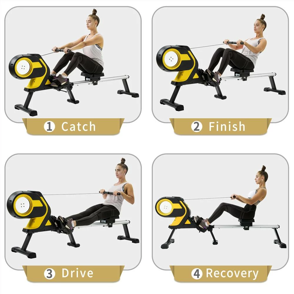 Merax Magnetic Rowing Machine with LCD Monitor, 46" Slide Rail, Compact Folding Rower for Home Cardio Workout - Yellow - Image 3