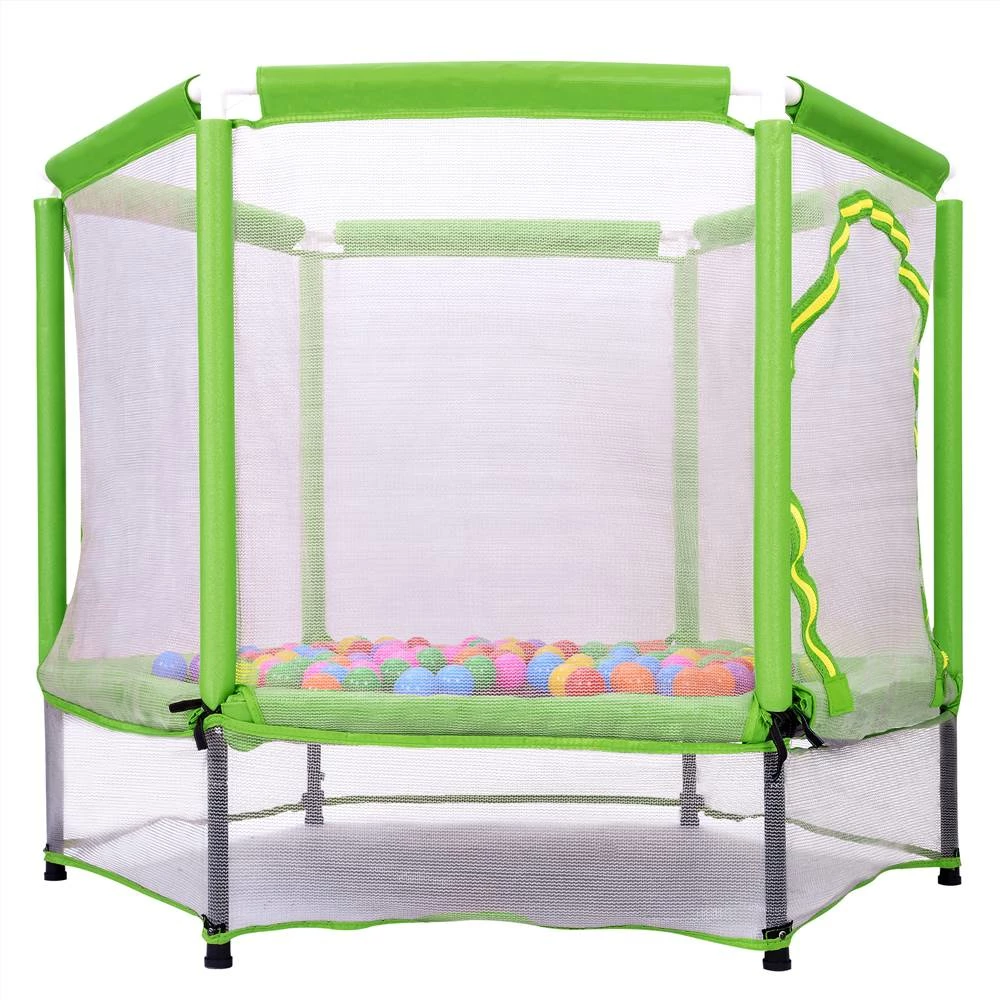 55" Toddlers Trampoline with Safety Enclosure Net and Ocean Balls, Indoor Outdoor Mini Trampoline for Kids - Green - Image 2