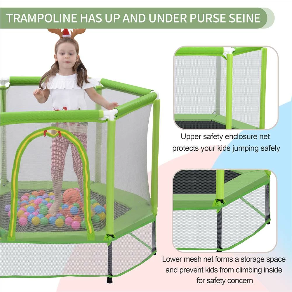 55" Toddlers Trampoline with Safety Enclosure Net and Ocean Balls, Indoor Outdoor Mini Trampoline for Kids - Green - Image 4