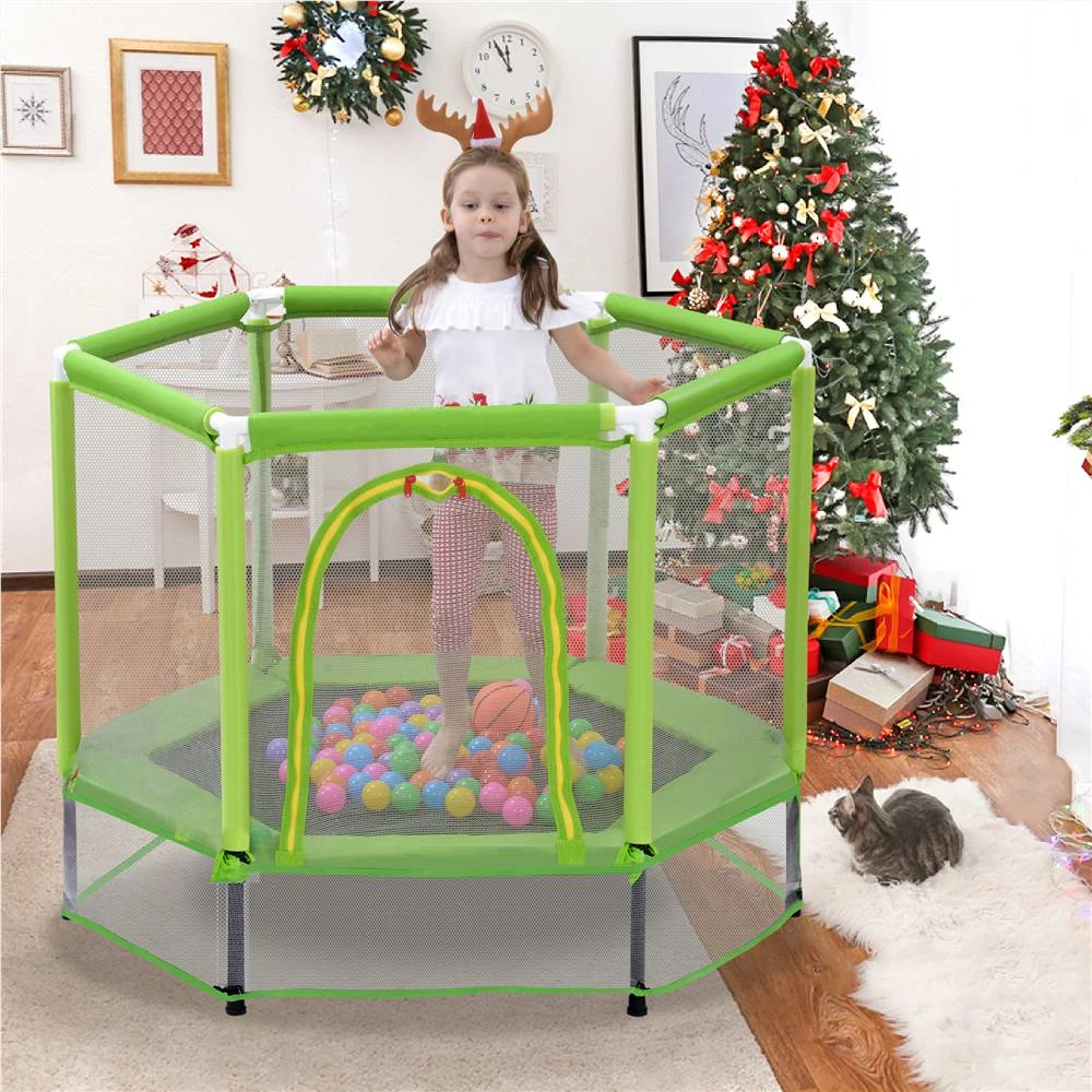 55" Toddlers Trampoline with Safety Enclosure Net and Ocean Balls, Indoor Outdoor Mini Trampoline for Kids - Green - Image 5
