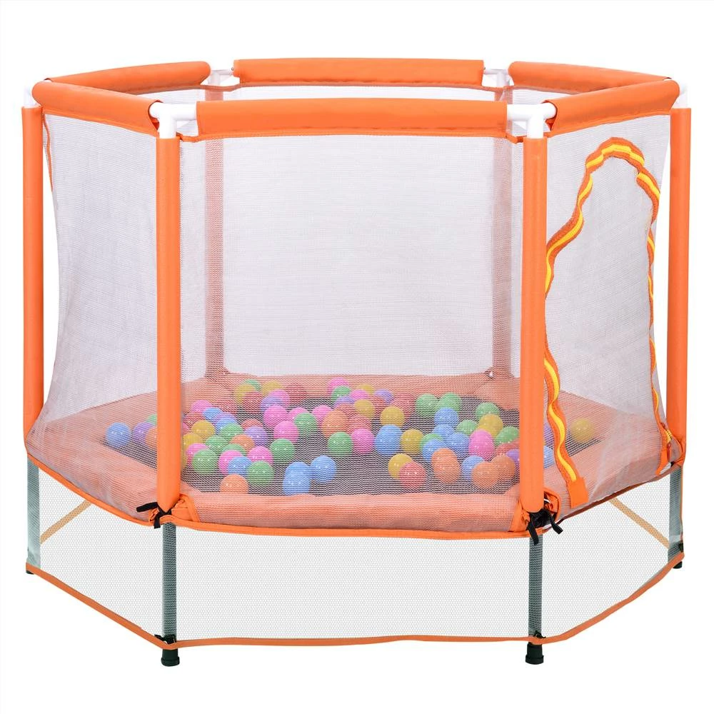 55" Toddlers Trampoline with Safety Enclosure Net and Ocean Balls, Indoor Outdoor Mini Trampoline for Kids - Orange - Image 2