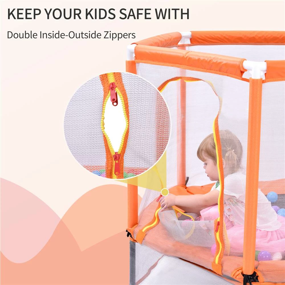 55" Toddlers Trampoline with Safety Enclosure Net and Ocean Balls, Indoor Outdoor Mini Trampoline for Kids - Orange - Image 6
