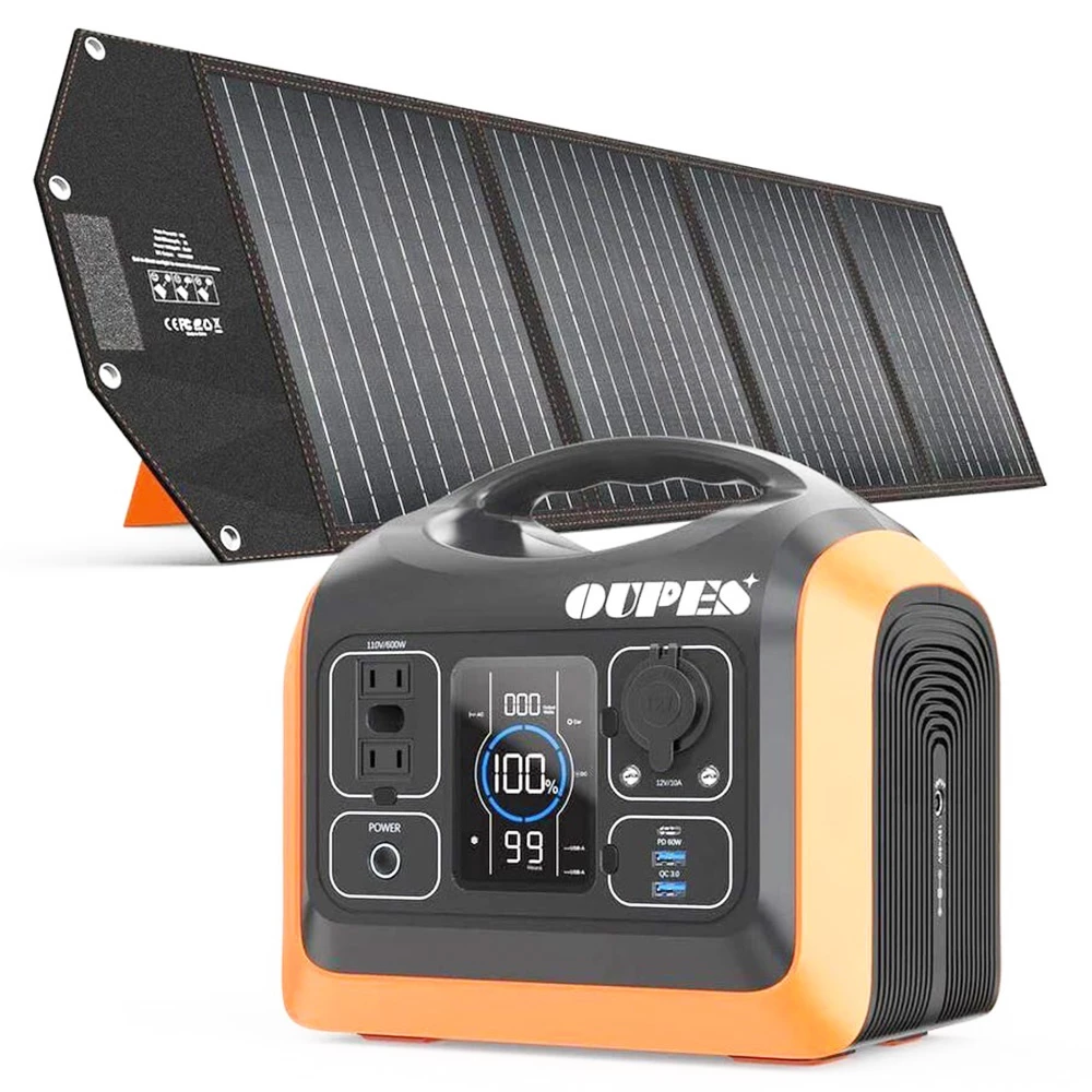OUPES 600W 595Wh Portable Power Station + 100W Monocrystalline Solar Panel Solar Generator Kit for Camping Hiking