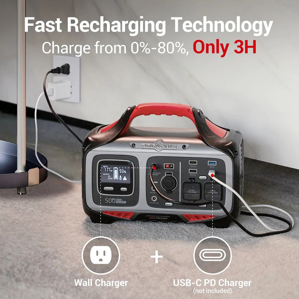 ROCKPALS Rockpower 500W Portable Power Station, 505Wh Solar Generator, 110V Pure Sine AC Outlets, MPPT Solar Controller - Image 2